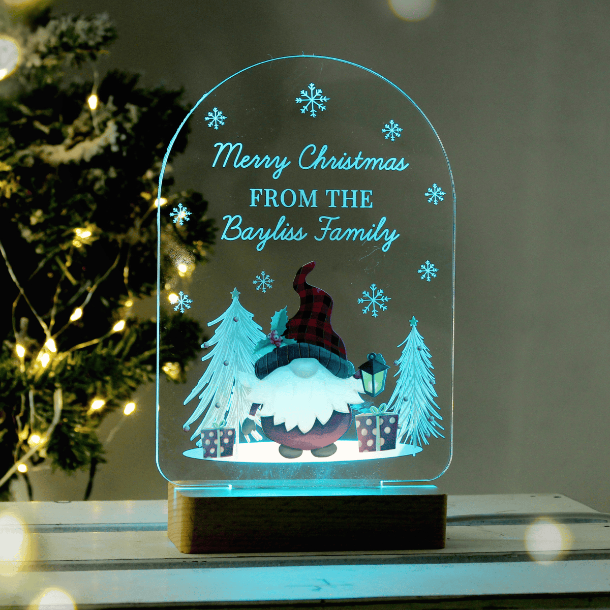 personalised gonk led light with wooden base