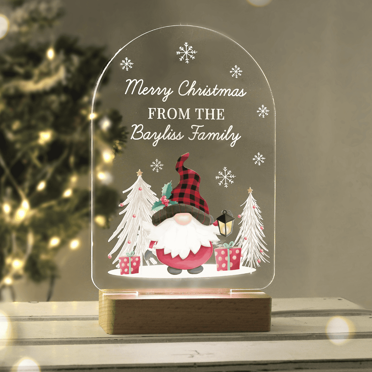 personalised gonk led light with wooden base