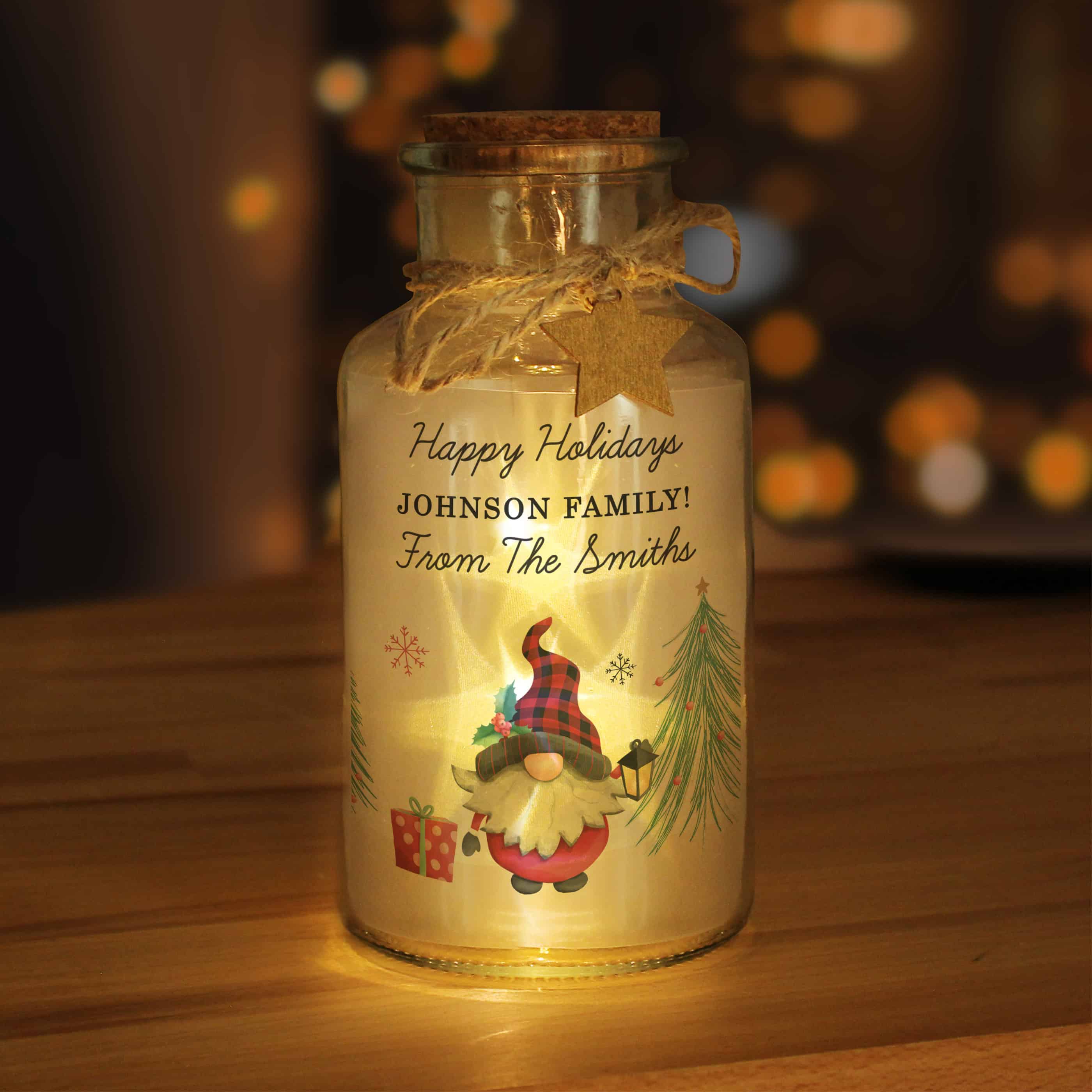 Personalised Gonk Christmas Scene LED Glass Jar
