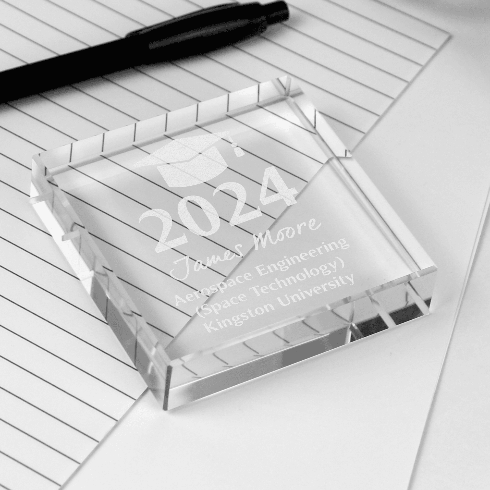 personalised graduation crystal token ornament engraved with the year, name and message over 3 lines
