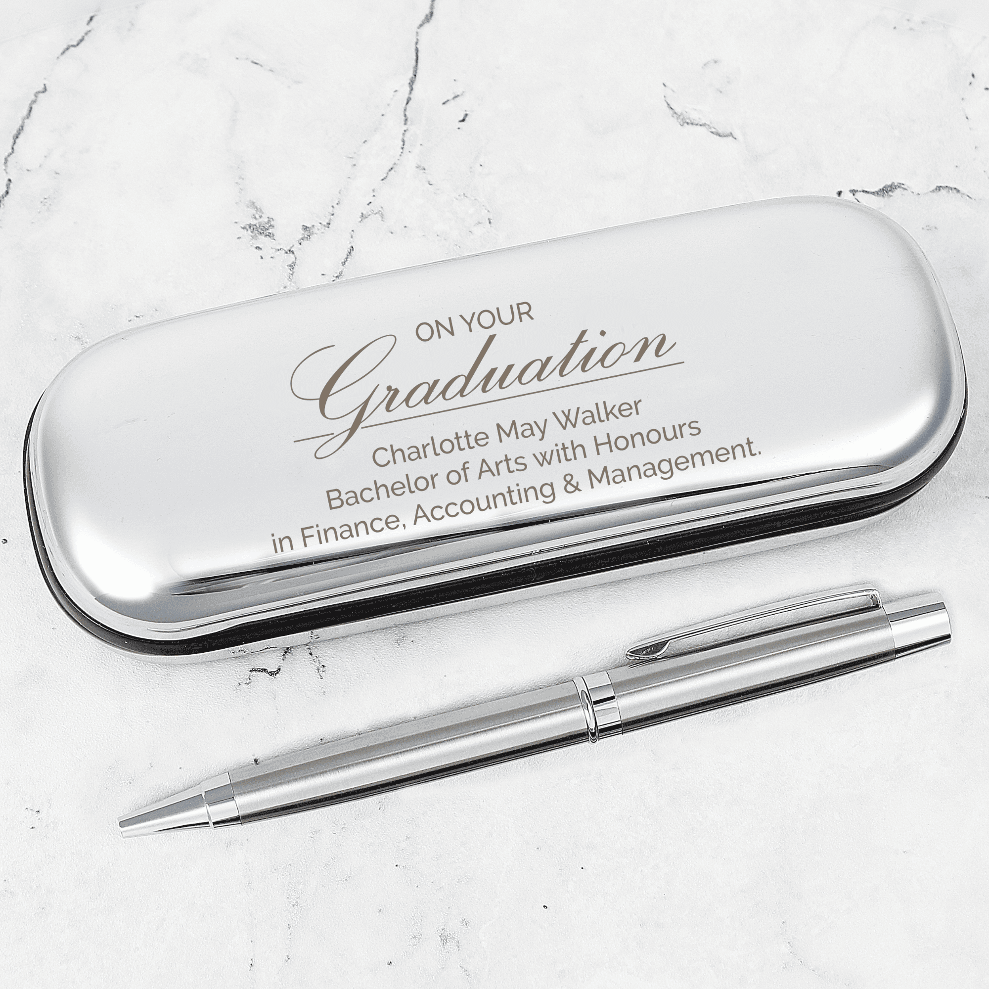 personalised graduation pen box and pen set. the box is engraved with any message over 3 lines