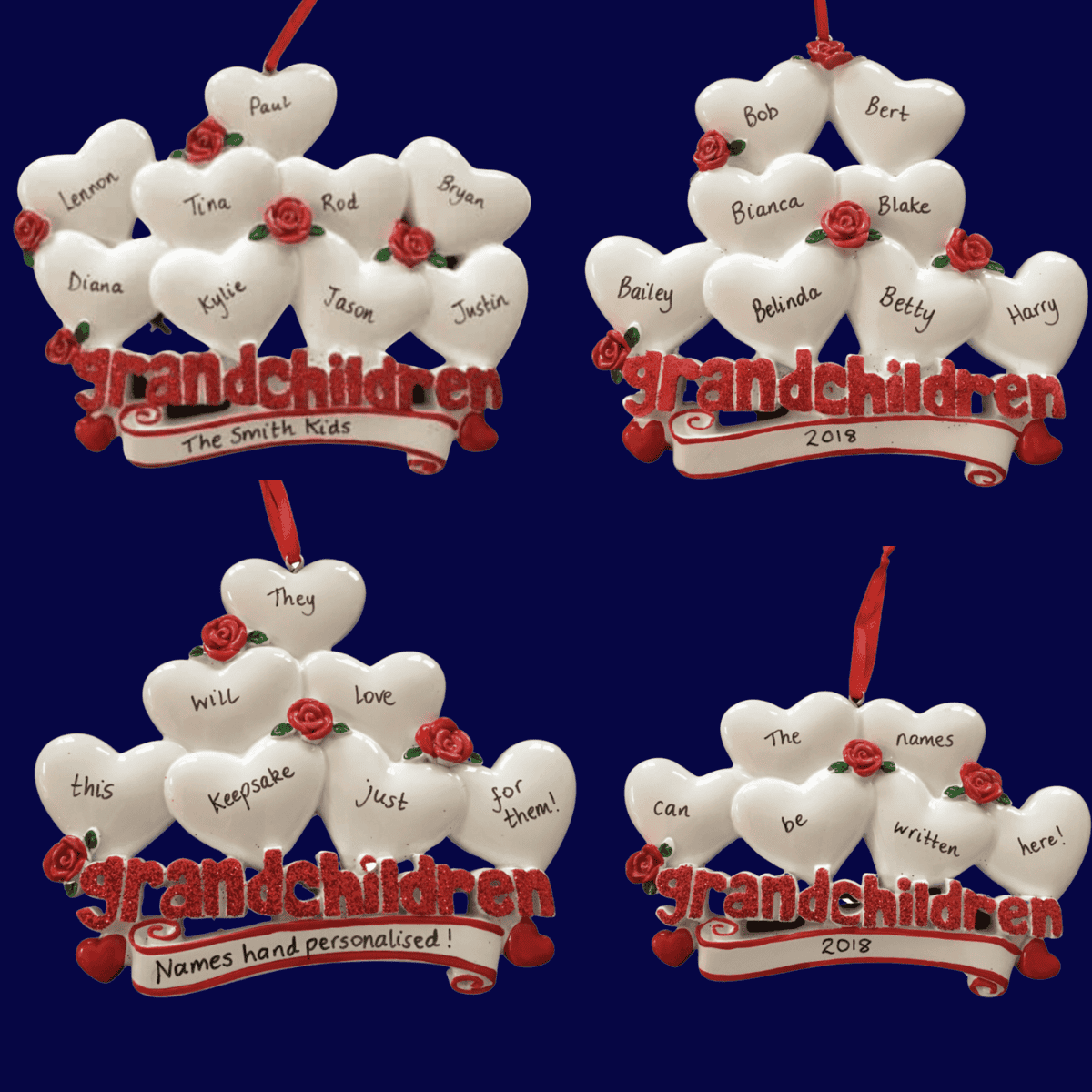 personalised grandchildren christmas tree decoration showing 4 different designs that are available to personalise