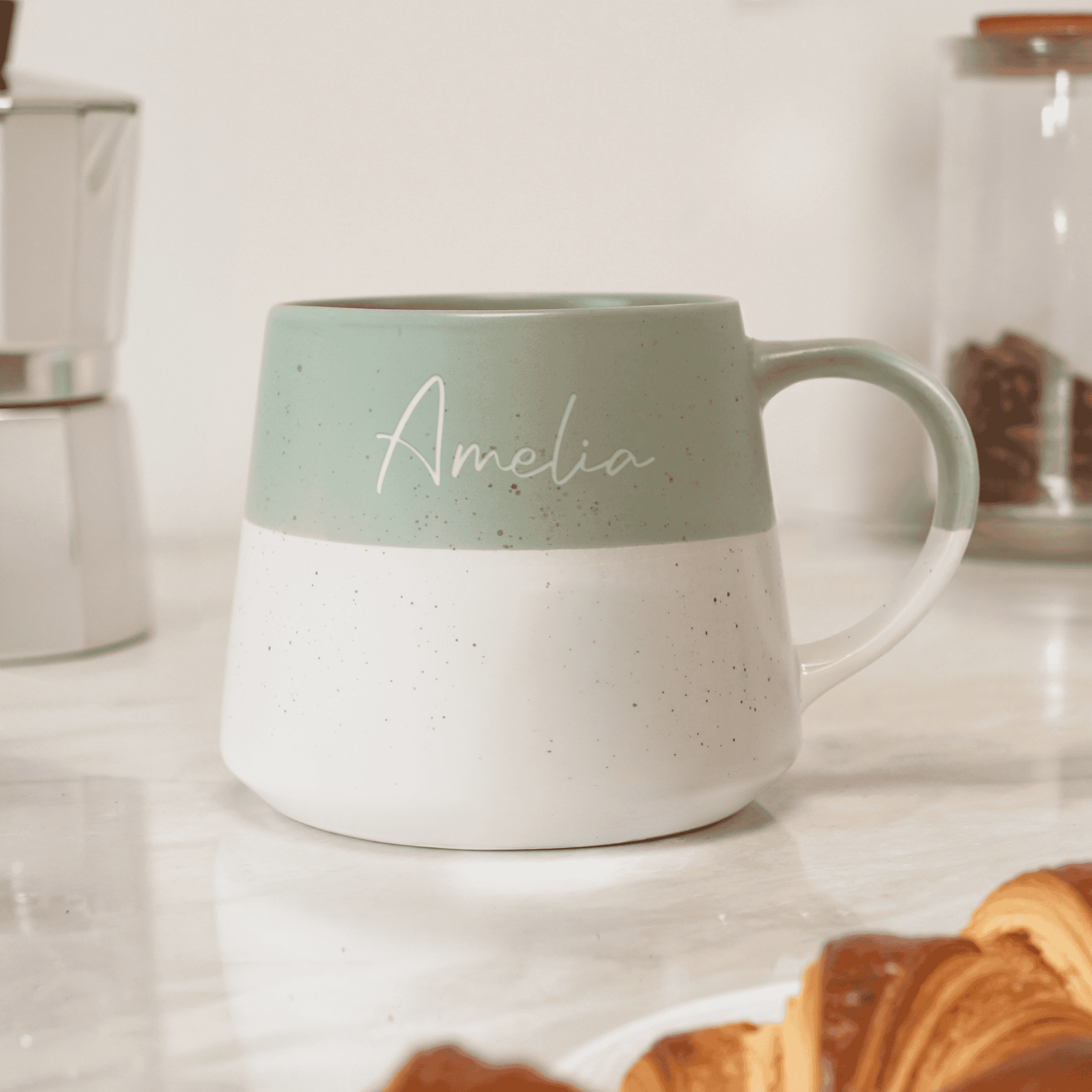 personalised green speckled mug with any name on it