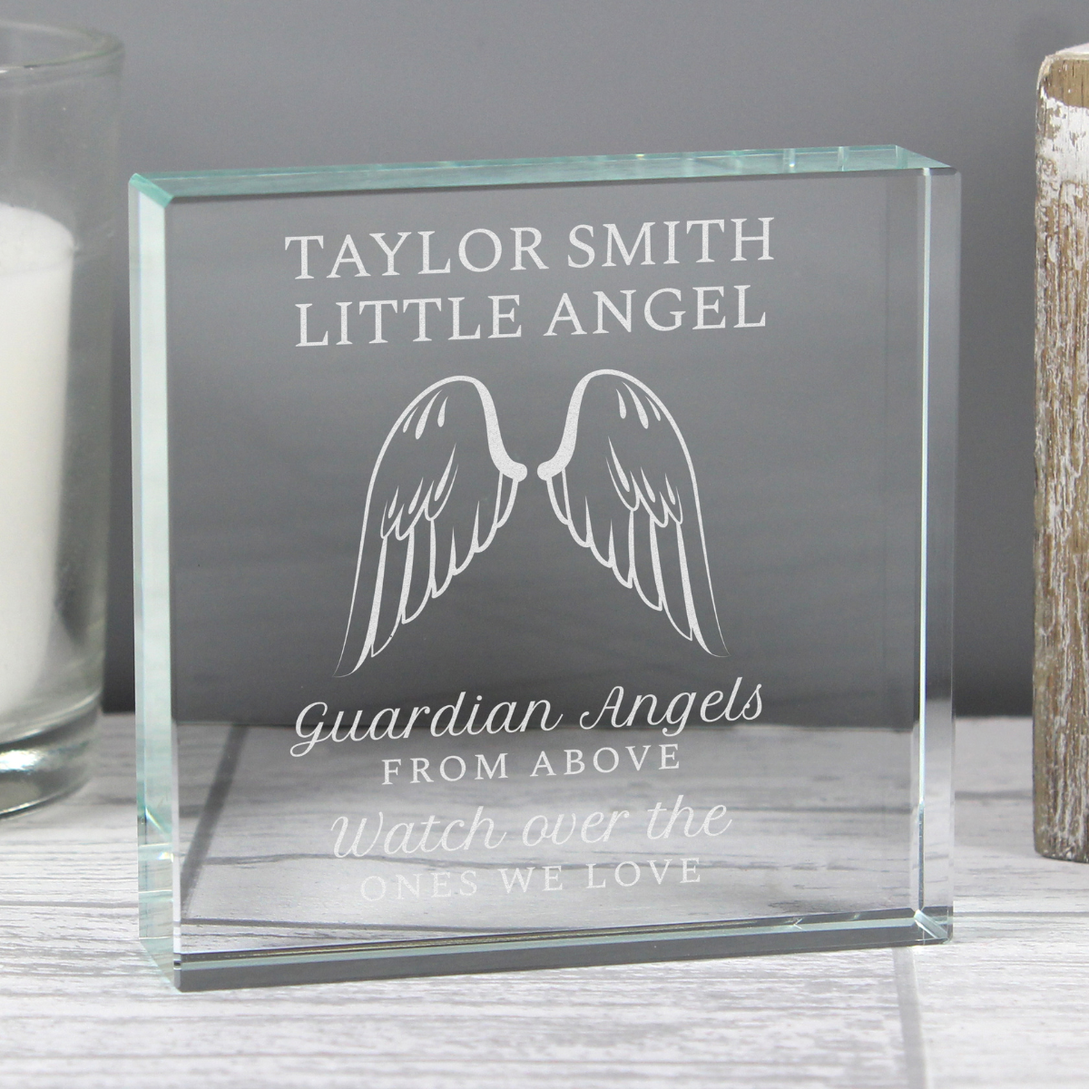 personalised guardian angel ornament showing the front of it with the personalisation