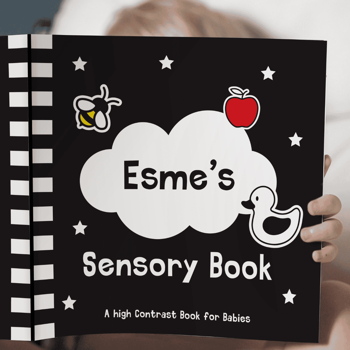 personalised sensory book showing the front cove with the child's name on it
