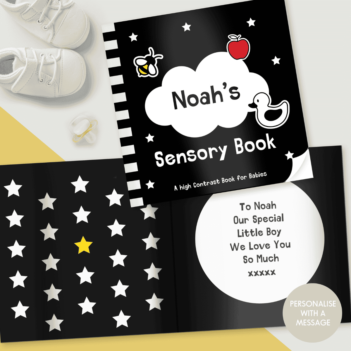 personalised sensory book showing the child's name and personalised message inside