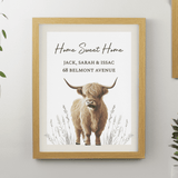 personalised highland cow framed print personalised over 3 lines above the highland cow image