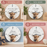 personalised highland cow wooden clock with any message over 2 lines