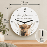personalised highland cow wooden clock with any message over 2 lines