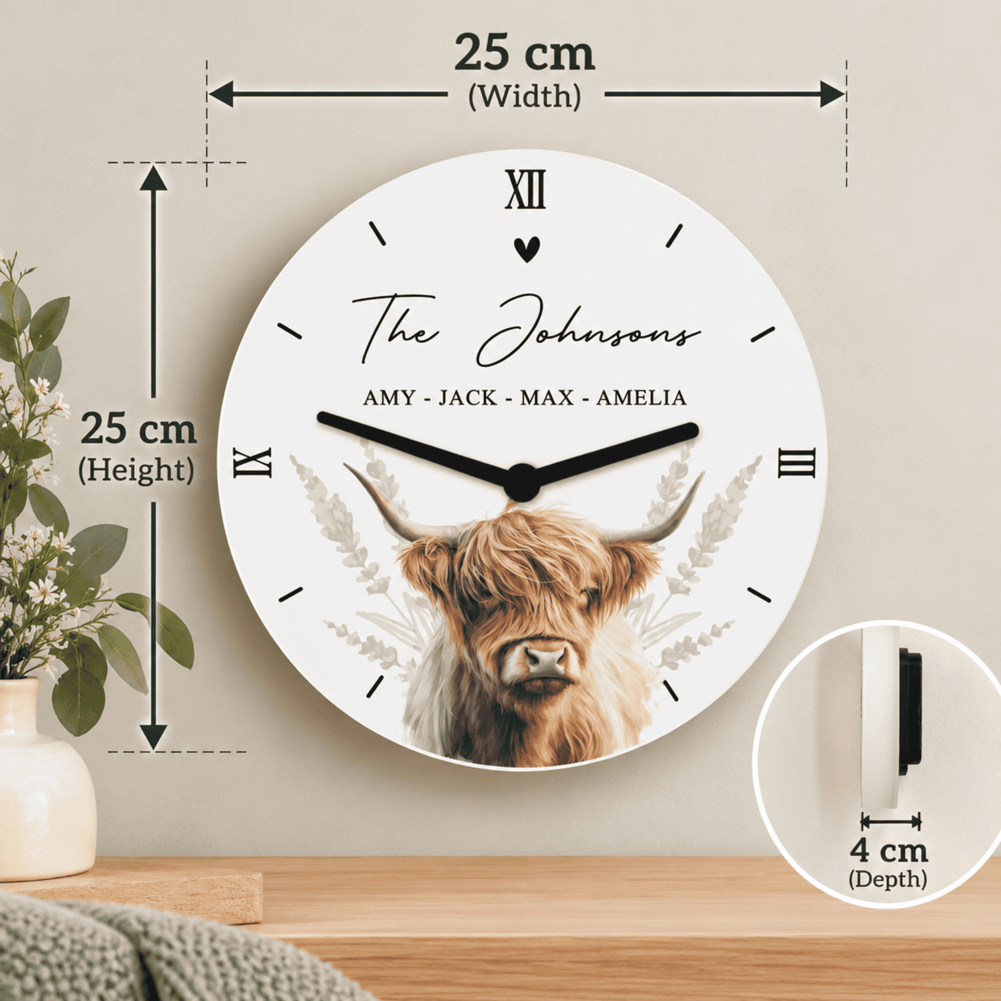 personalised highland cow wooden clock with any message over 2 lines
