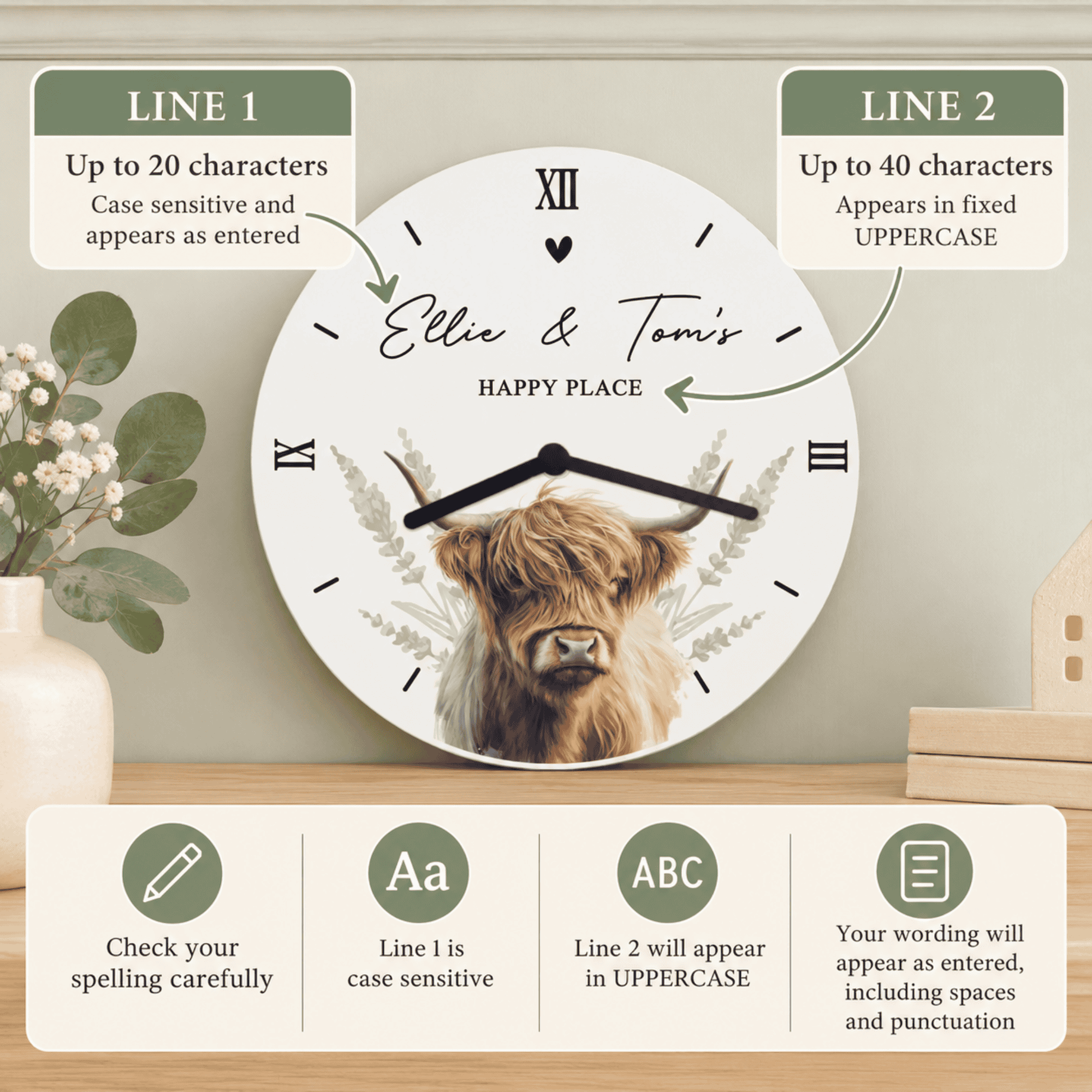 personalised highland cow wooden clock with any message over 2 lines