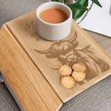 personalised highland cow sofa tray engraved with any message over 3 lines.