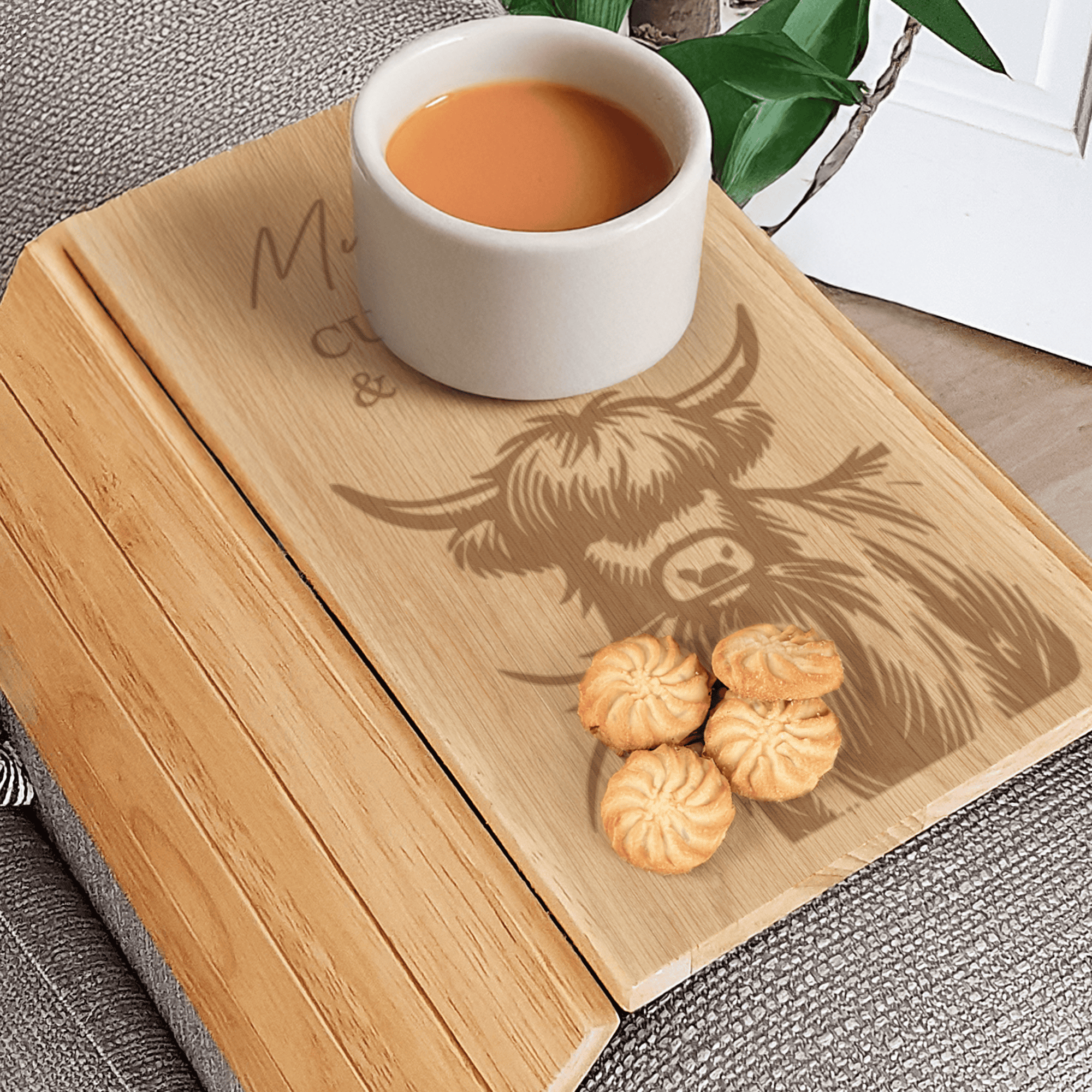 personalised highland cow sofa tray engraved with any message over 3 lines.