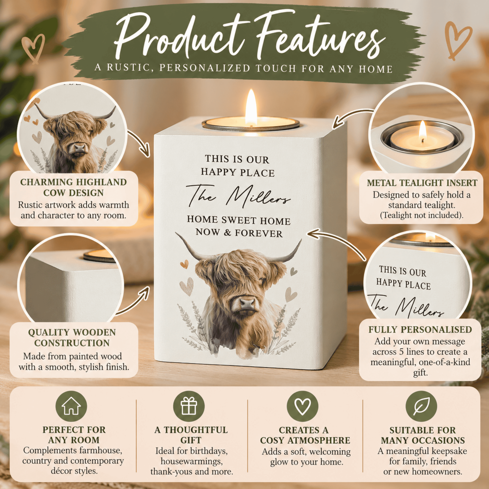 personalised highland cow wooden tealight holder engraved with a message over 5 lines