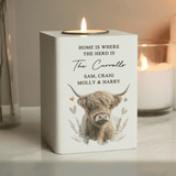 personalised highland cow wooden tealight holder with any message over 5 lines