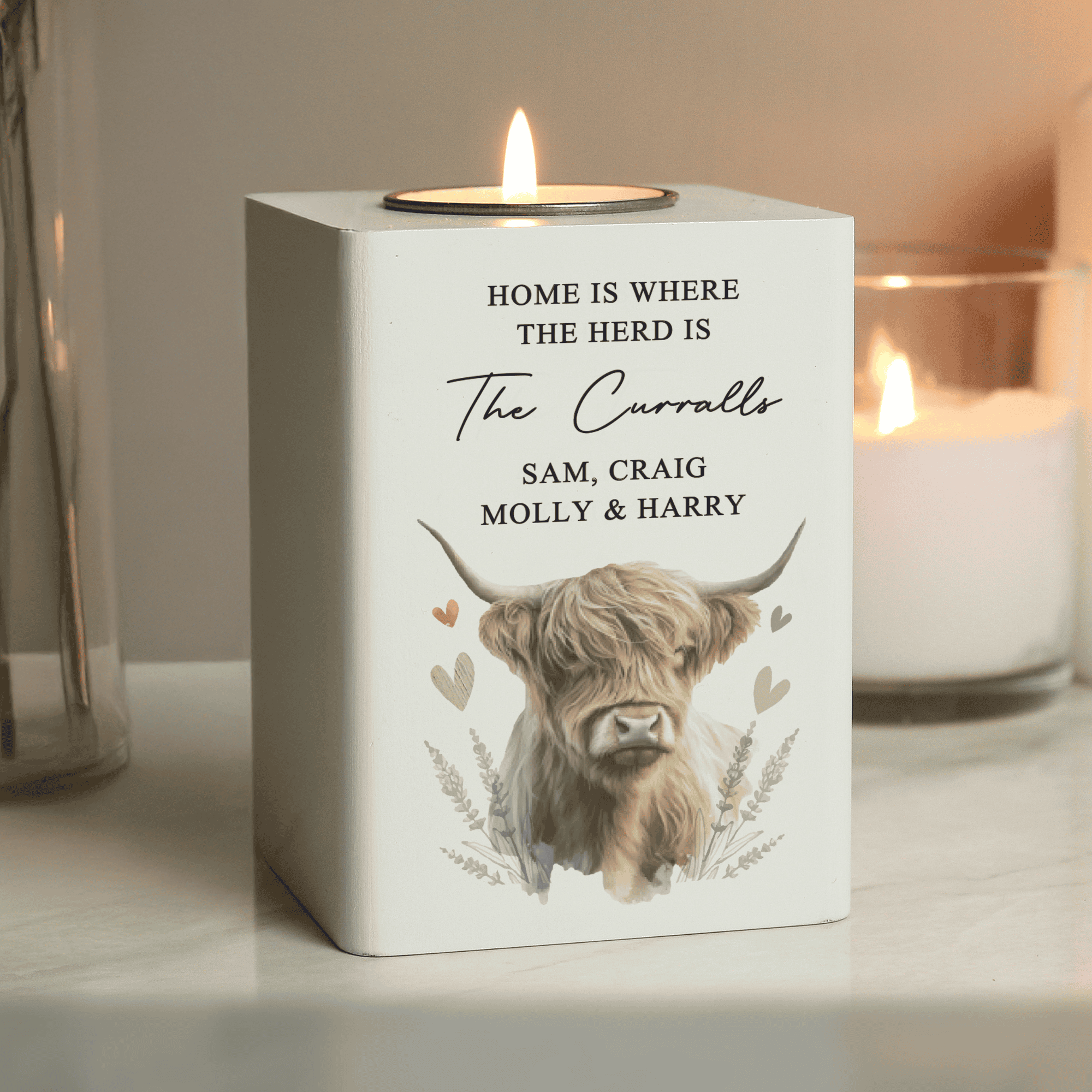 personalised highland cow wooden tealight holder with any message over 5 lines