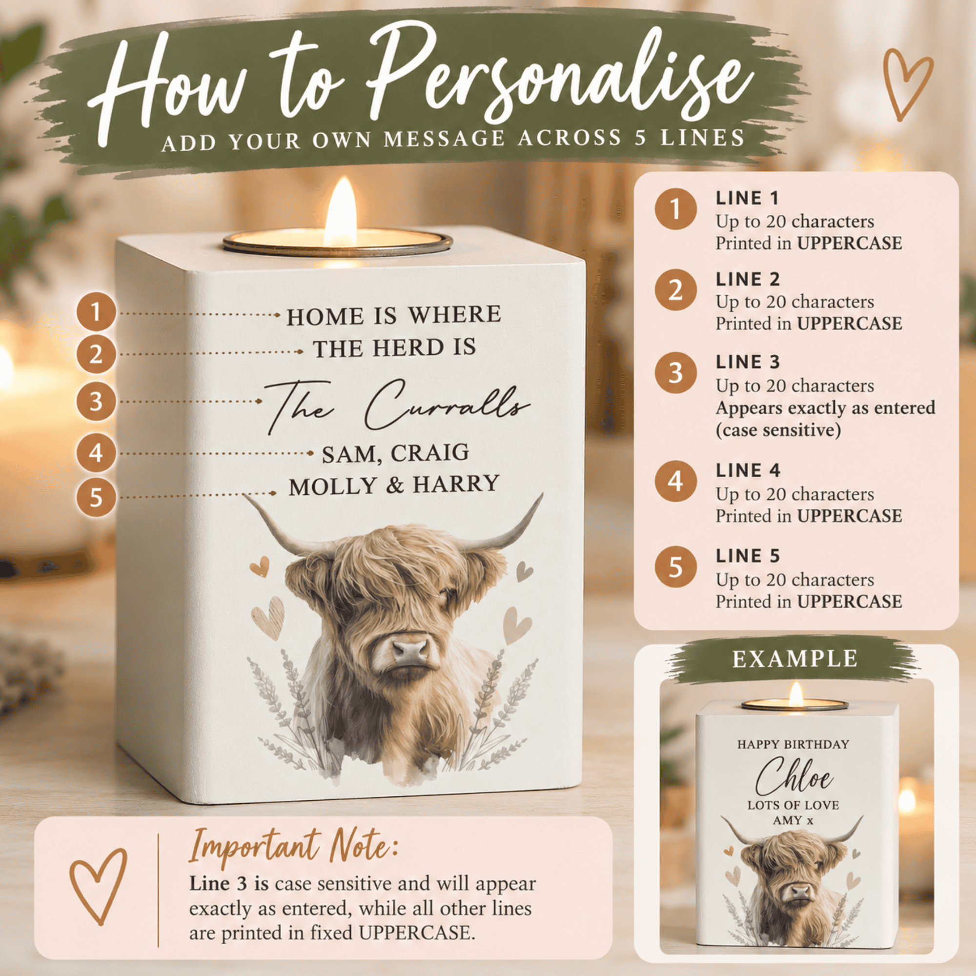 personalised highland cow wooden tealight holder engraved with a message over 5 lines