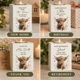 personalised highland cow wooden tealight holder engraved with a message over 5 lines