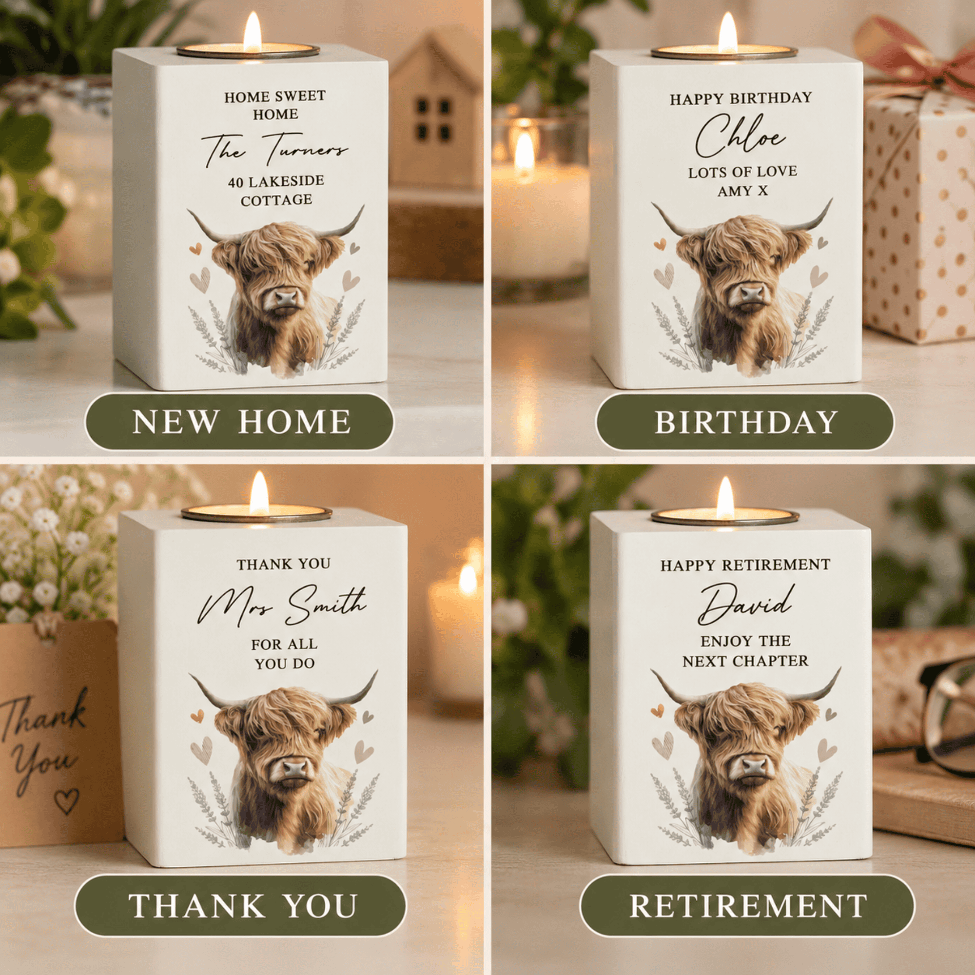 personalised highland cow wooden tealight holder engraved with a message over 5 lines