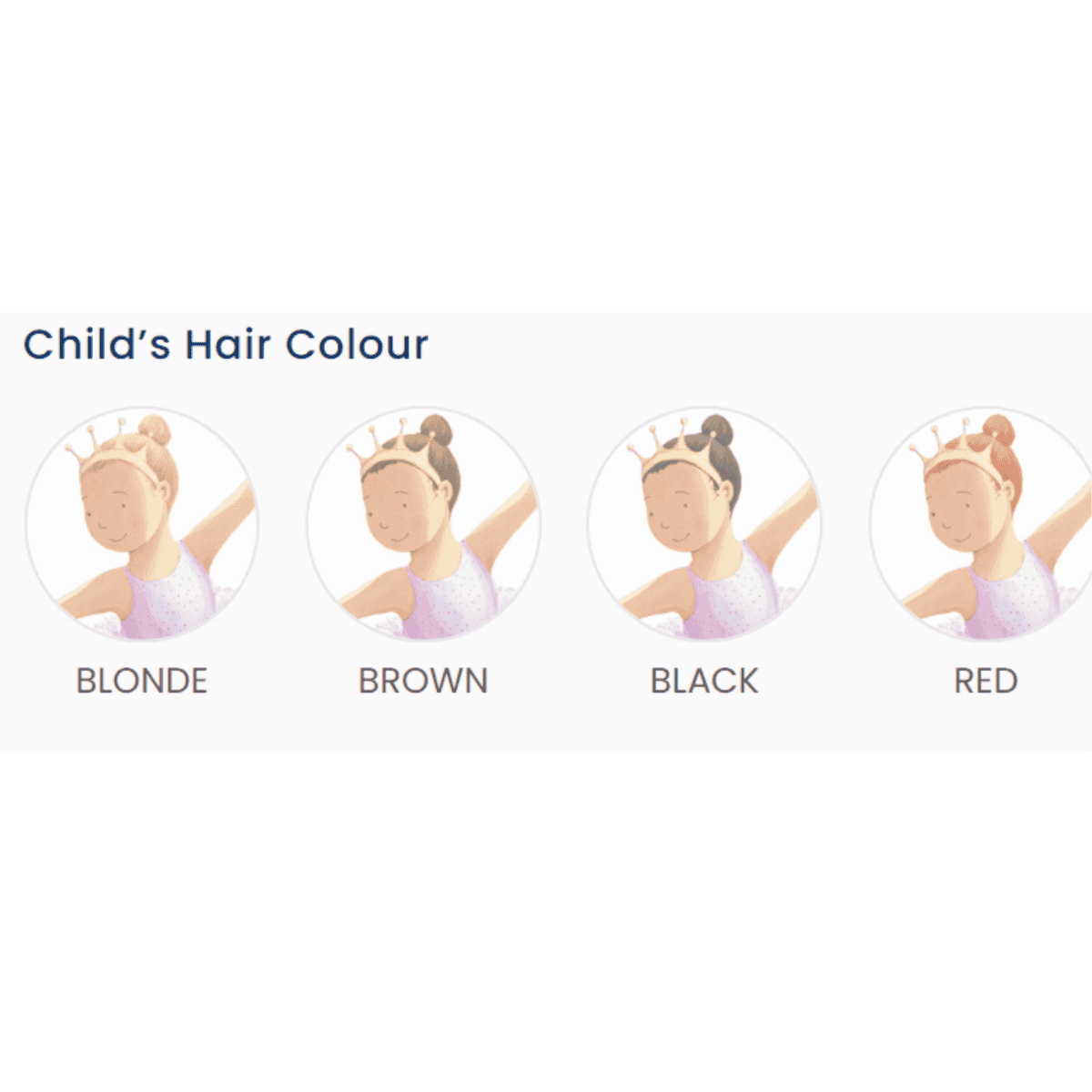 I'm a little dancer showing the 4 options for hair colour that can be personalised in the book
