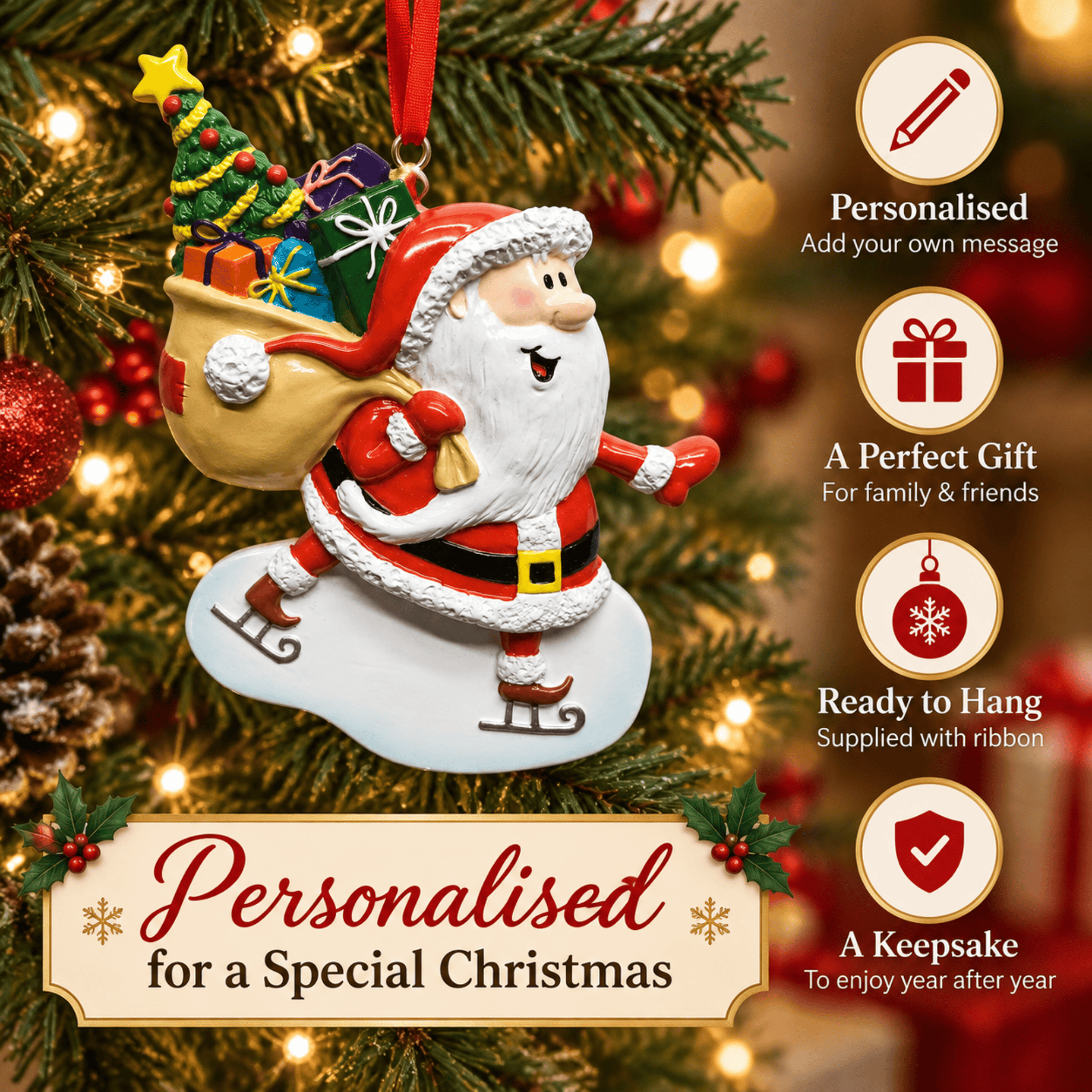personalised ice skating santa with any name and year personalised on the ornament