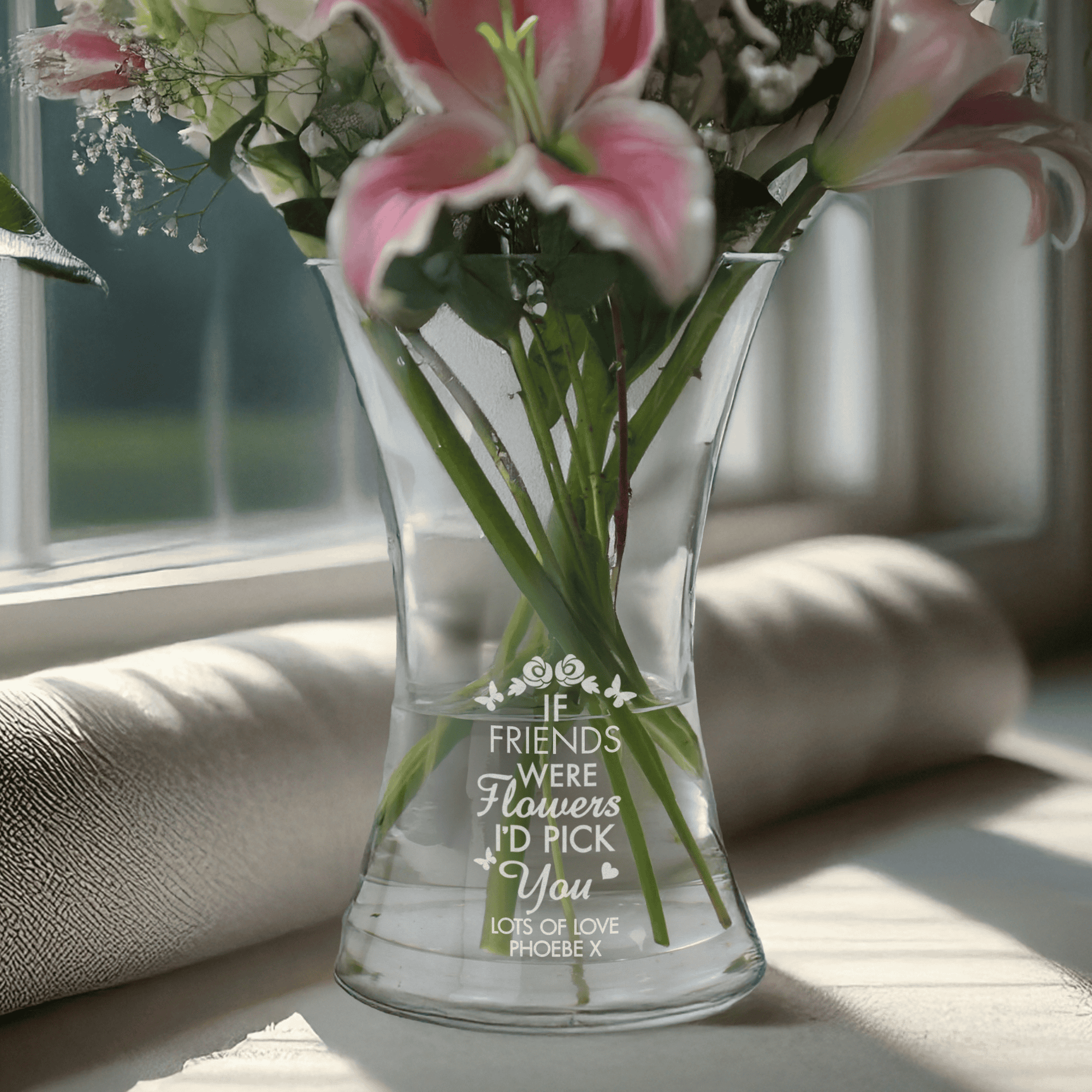 personalised i'd pick you glass vase with a role and message over 2 lines