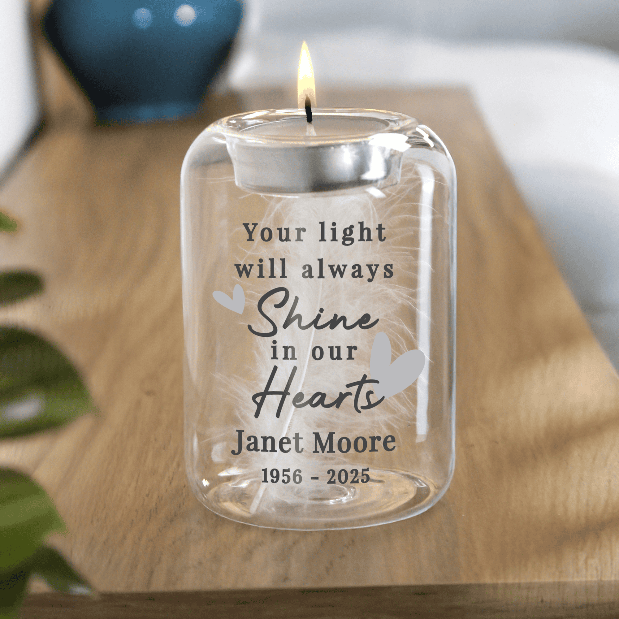 personalised in our hearts feather memorial tealight holder