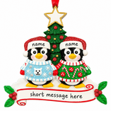 personalised penguin jumper christmas tree decoration for 2-6 people names go on the hats and a short message underneath