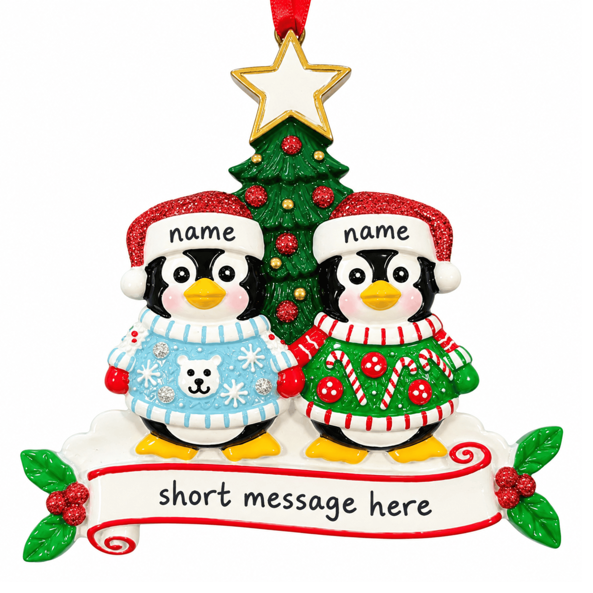 personalised penguin jumper christmas tree decoration for 2-6 people names go on the hats and a short message underneath