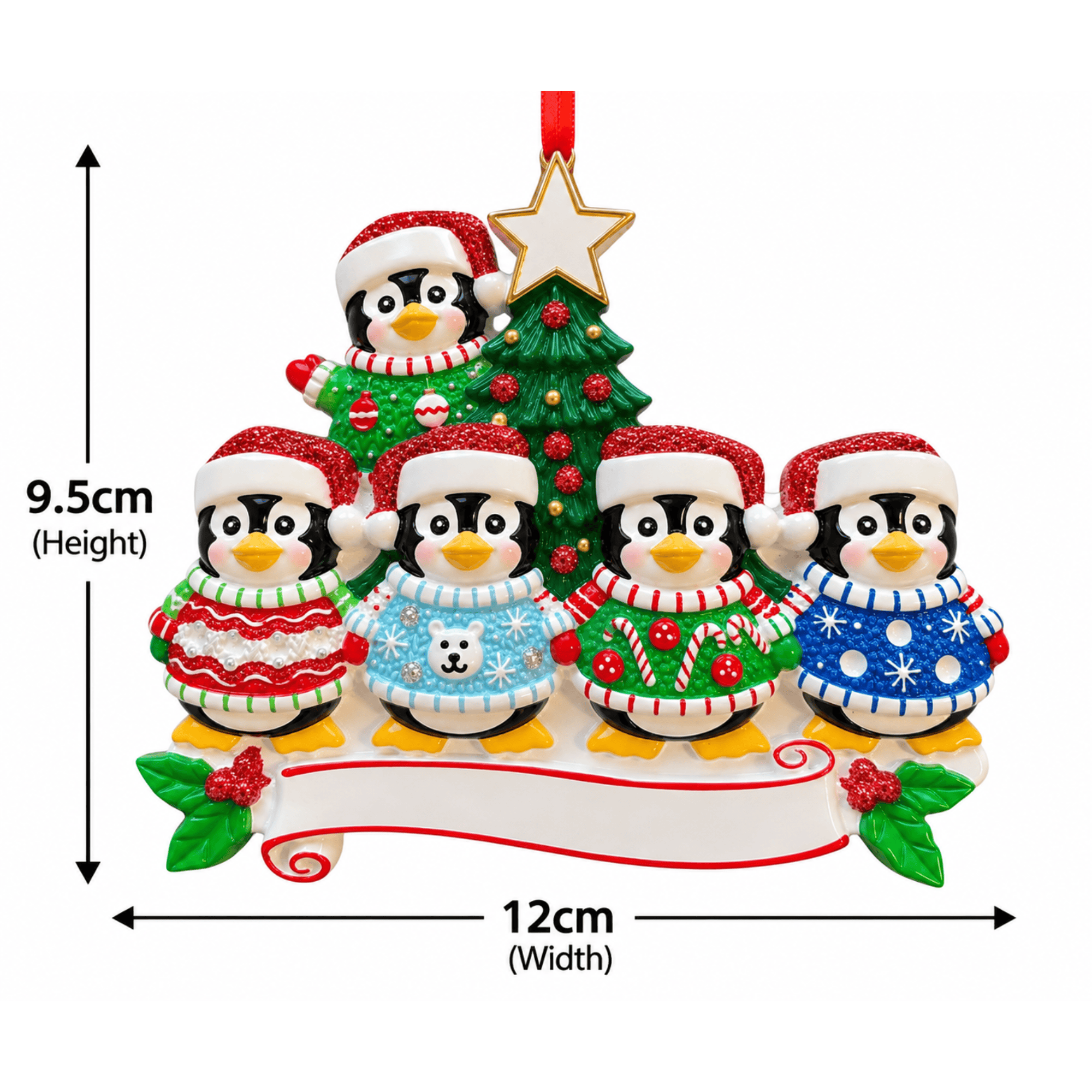 personalised penguin jumper christmas tree decoration for 2-6 people names go on the hats and a short message underneath