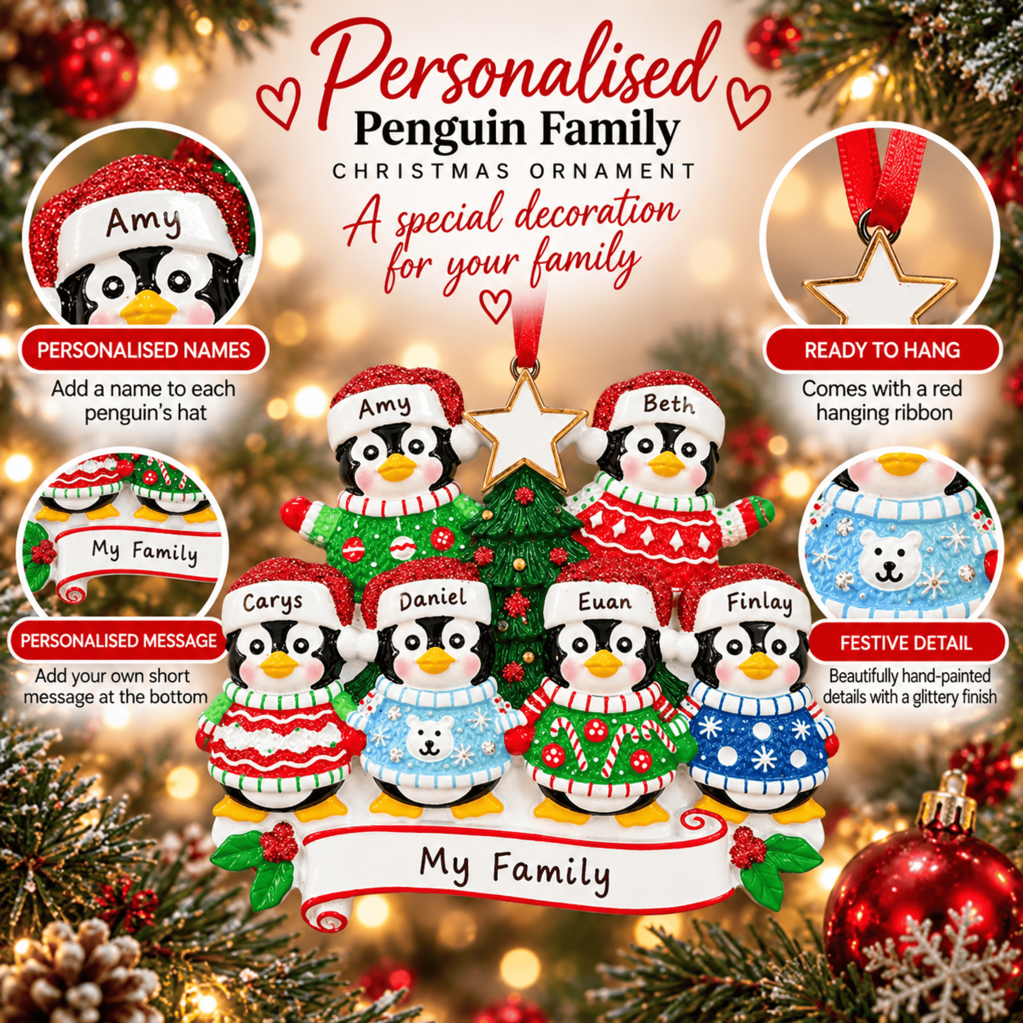 personalised penguin jumper christmas tree decoration for 2-6 people names go on the hats and a short message underneath