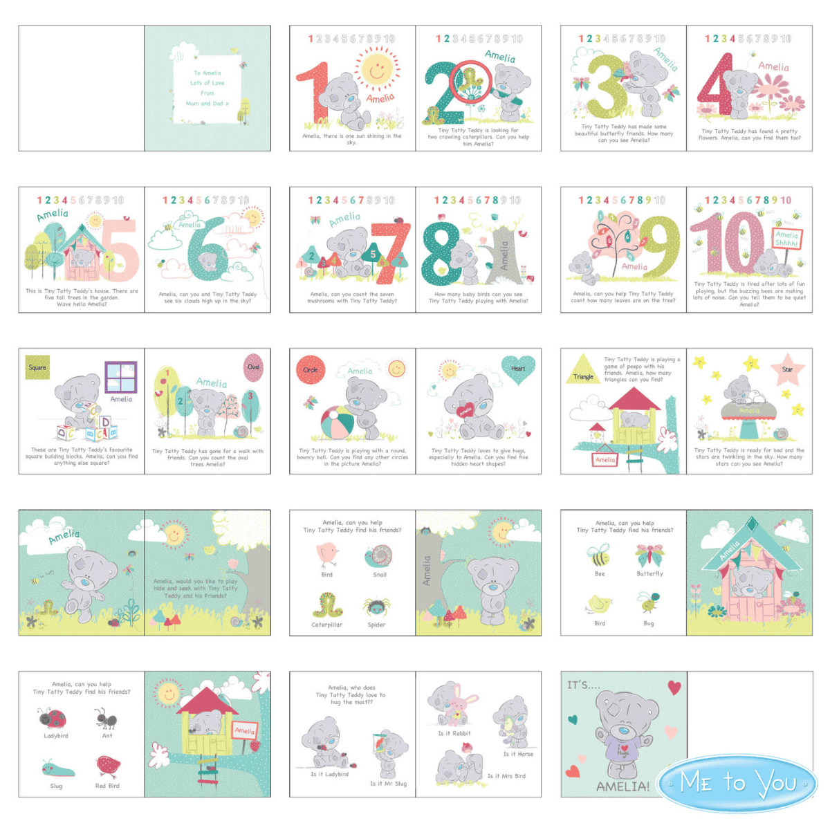 personalised Tiny Tatty learning book showing all the pages inside the book