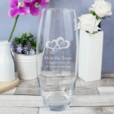 personalised love hearts bullet vase engraved with a message over 3 lines underneath the 2 engraved hearts design