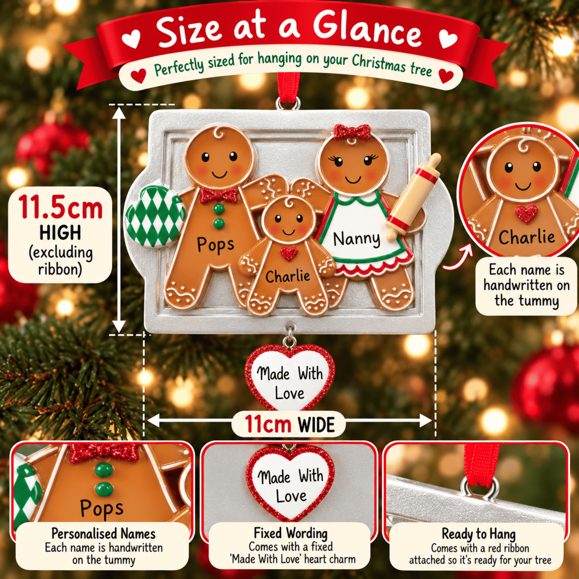 personalised made with love gingerbread christmas tree decoration