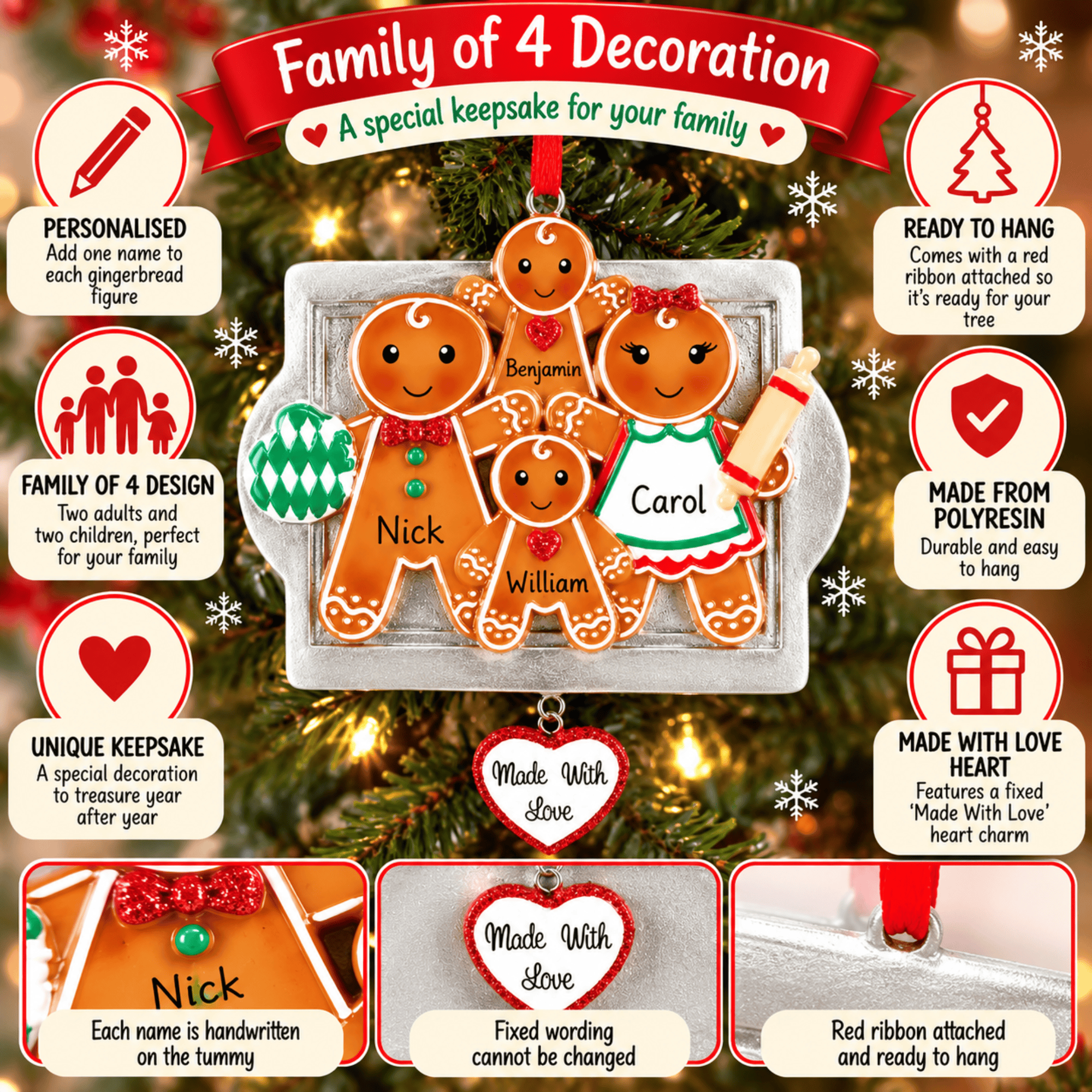personalised made with love gingerbread christmas tree decoration