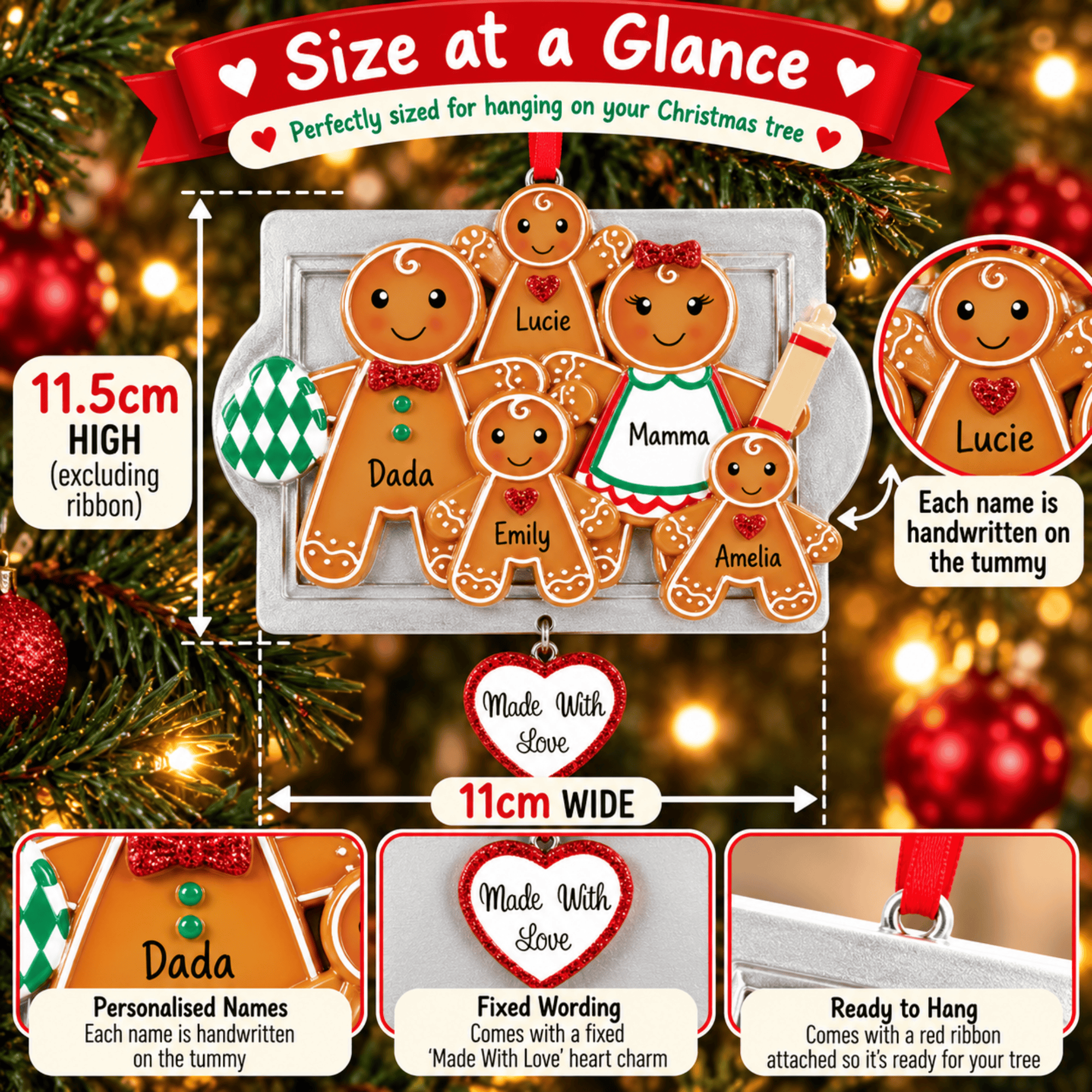 personalised made with love gingerbread christmas tree decoration