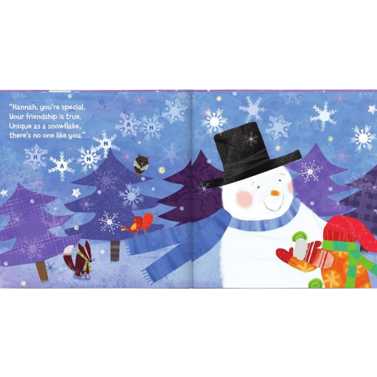 personalised children's book the magical snowman showing an inside page with the child's name personalised on it