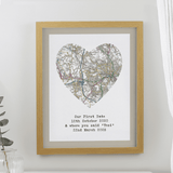 personalised heart map with your chosen postcode area personalised with any message over 4 lines underneath