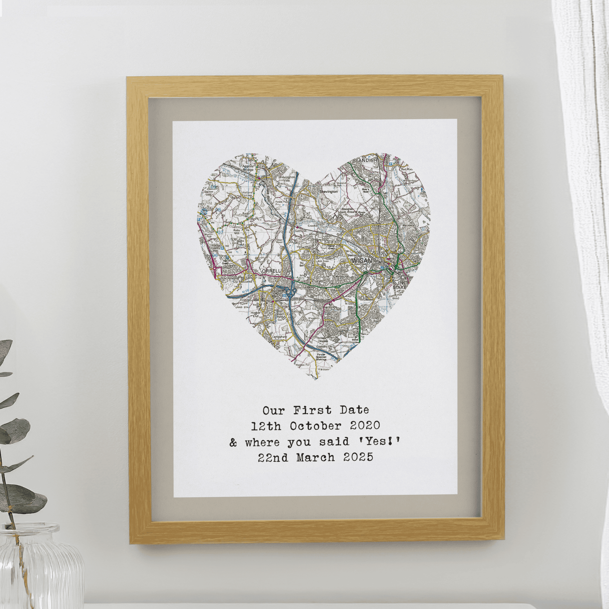 personalised heart map with your chosen postcode area personalised with any message over 4 lines underneath