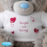 personalised teddy bear with a white jumper and personalisation over 3 lines in red