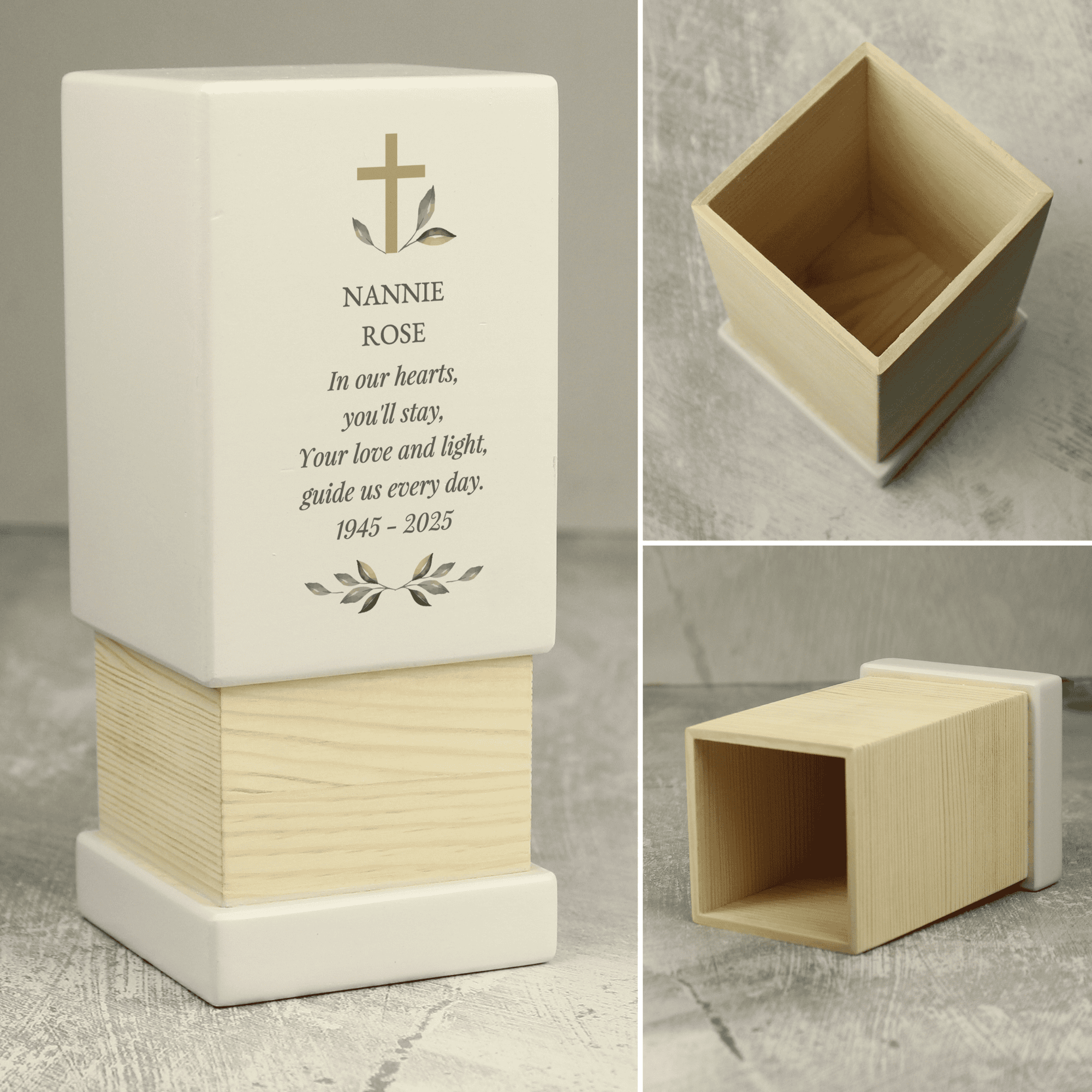 personalised cross memorial small wooden urn can be personalised with a name over 2 lines in larger font and a message below over 5 lines