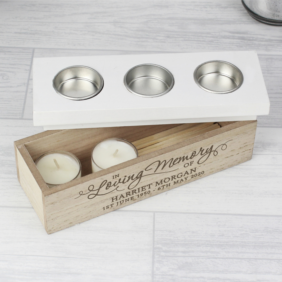 personalised wooden memorial tealight holder showing the engraving on the side