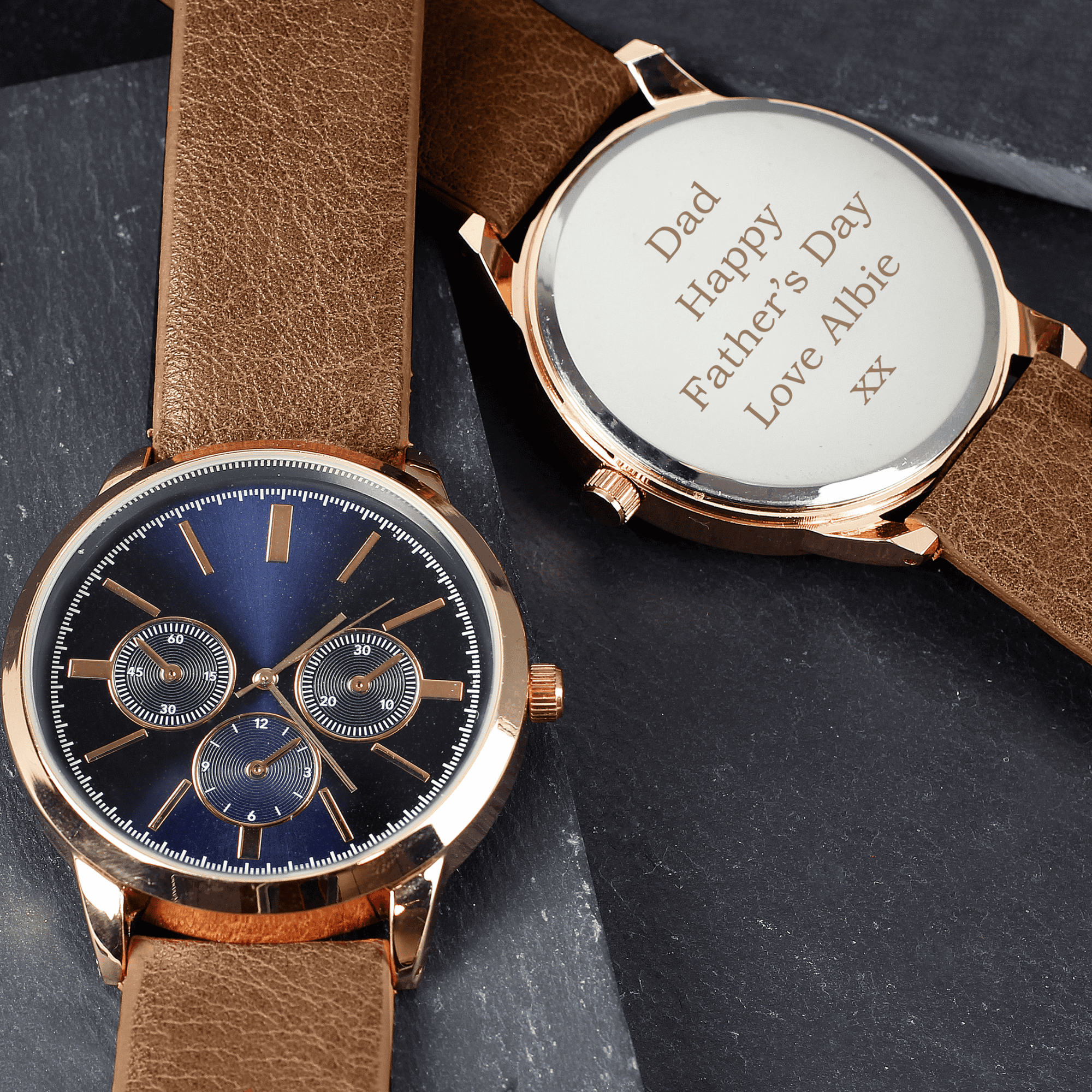 personalied men's rose gold watch with brown strap personalised with any message over 5 lines