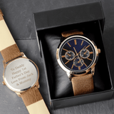 personalied men's rose gold watch with brown strap personalised with any message over 5 lines