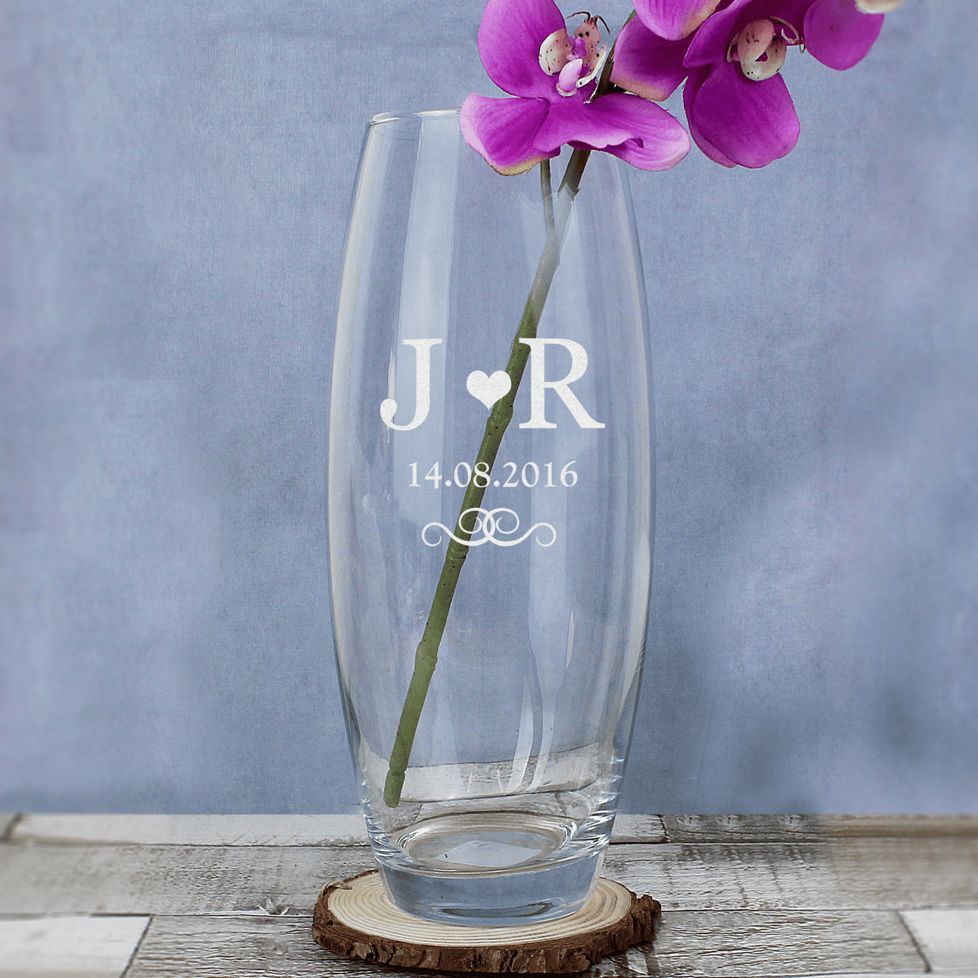 personalised monogram bullet vase with date underneath