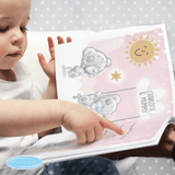 personalised mummy poem book showing illustrations on the inside of the book with a toddler pointing to their name