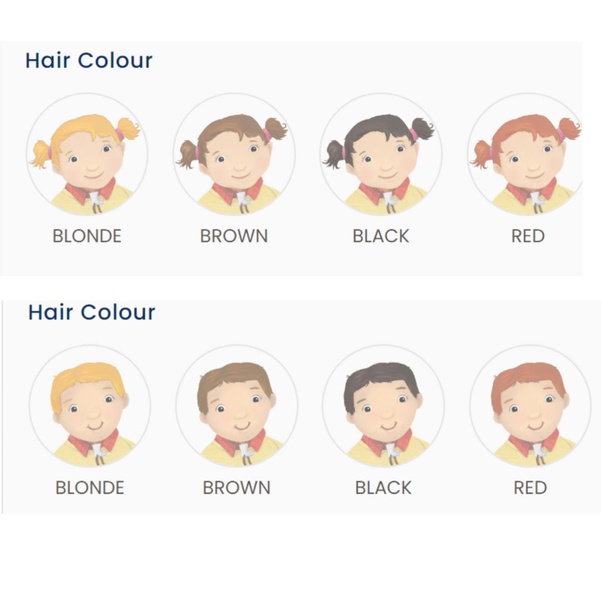personalised my farm friends book showing the different personalisation of hair colour available.
