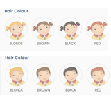 personalised my farm friends book showing the different personalisation of hair colour available.
