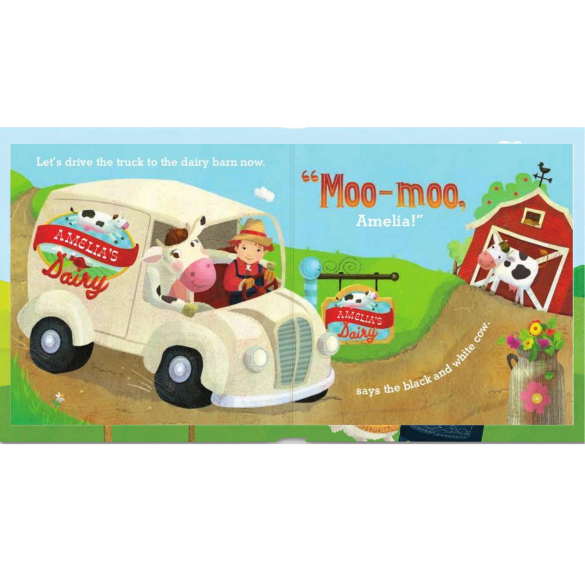 personalised my farm friends book showing an illustrated page inside