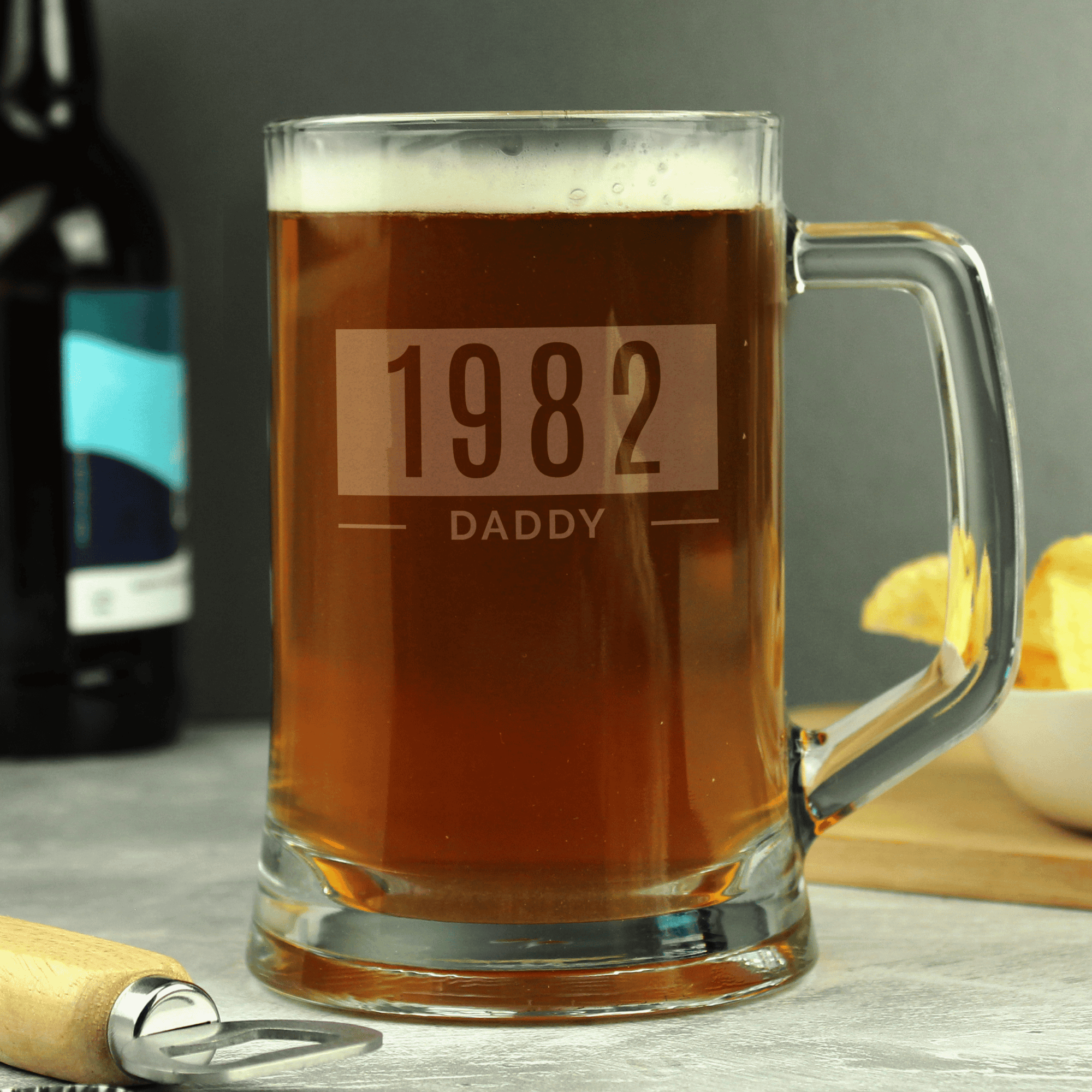 personalised name and date glass tankard